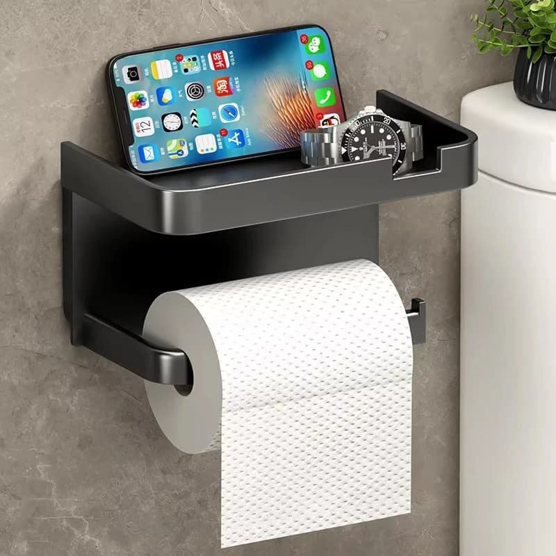 Wall Mounted Toilet Paper Holder with Phone Napkins Shelf Bathroom Tissue Roll Holder with Storage Tray Paper Phone Storage