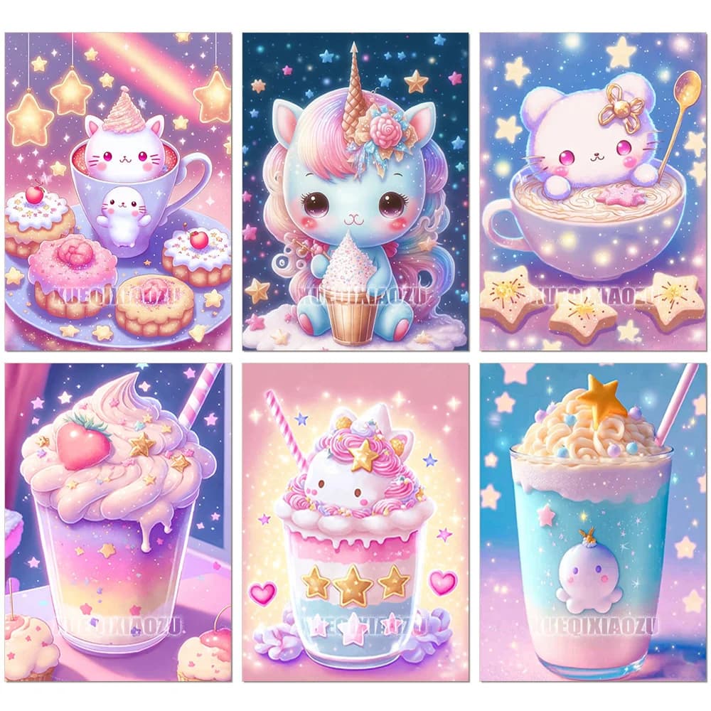 Kit per Pittura Diamante 5D Senza Cornice, Ricamo a Punto Croce con Gatto e Gelato, Mosaico Diamantato Adatto per Bambini, Regalo Fai-da-Te per la Casa