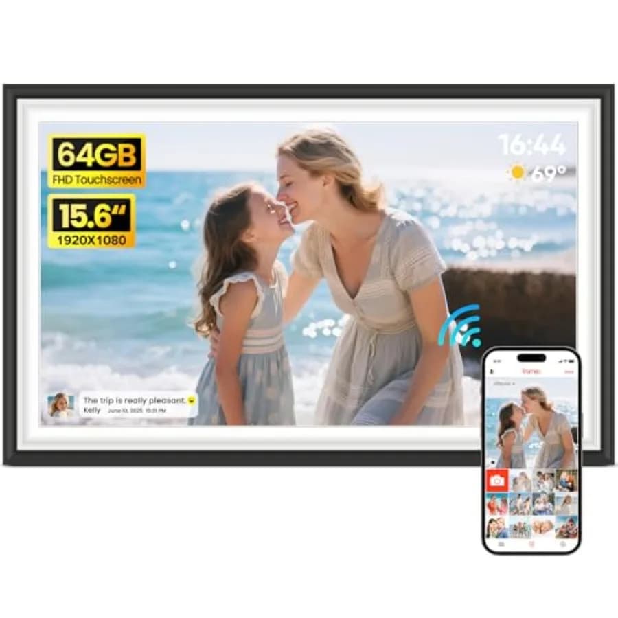 Cornice Digitale Frameo 15.6" WiFi, Cornici Elettroniche Grandi con Memoria da 64GB, Schermo Touch IPS FHD 1920x1080, Condivisione Foto