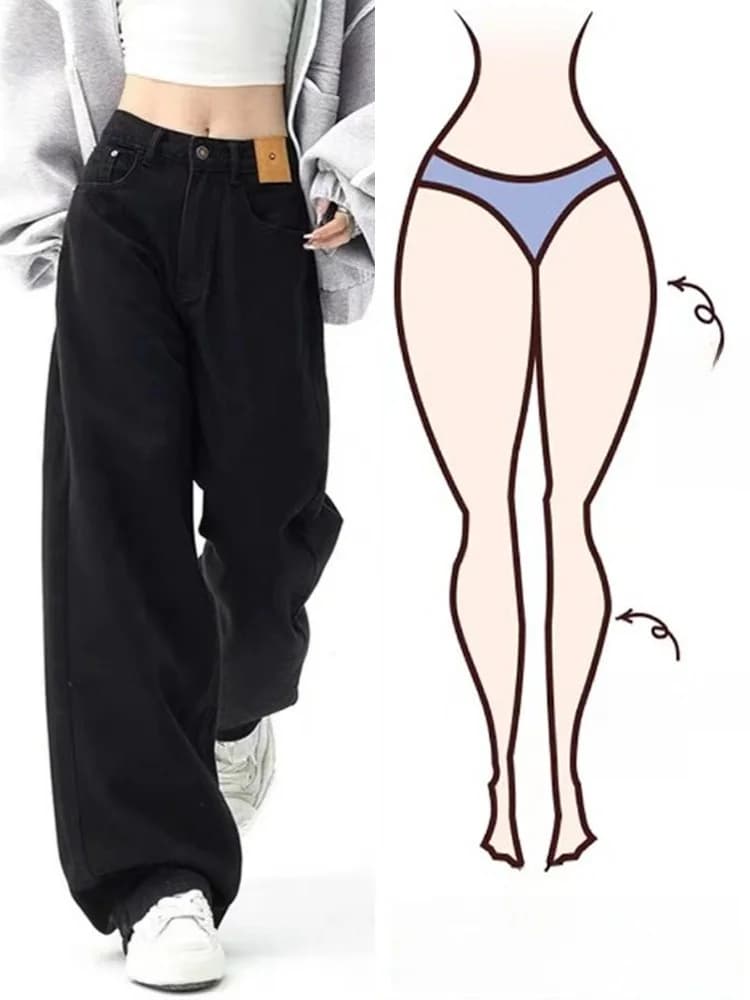 Retro American Black Straight Leg Jeans Women's plus Size Hiding Hip Wide Leg Pants for Pear Shaped Body High Waist Denim