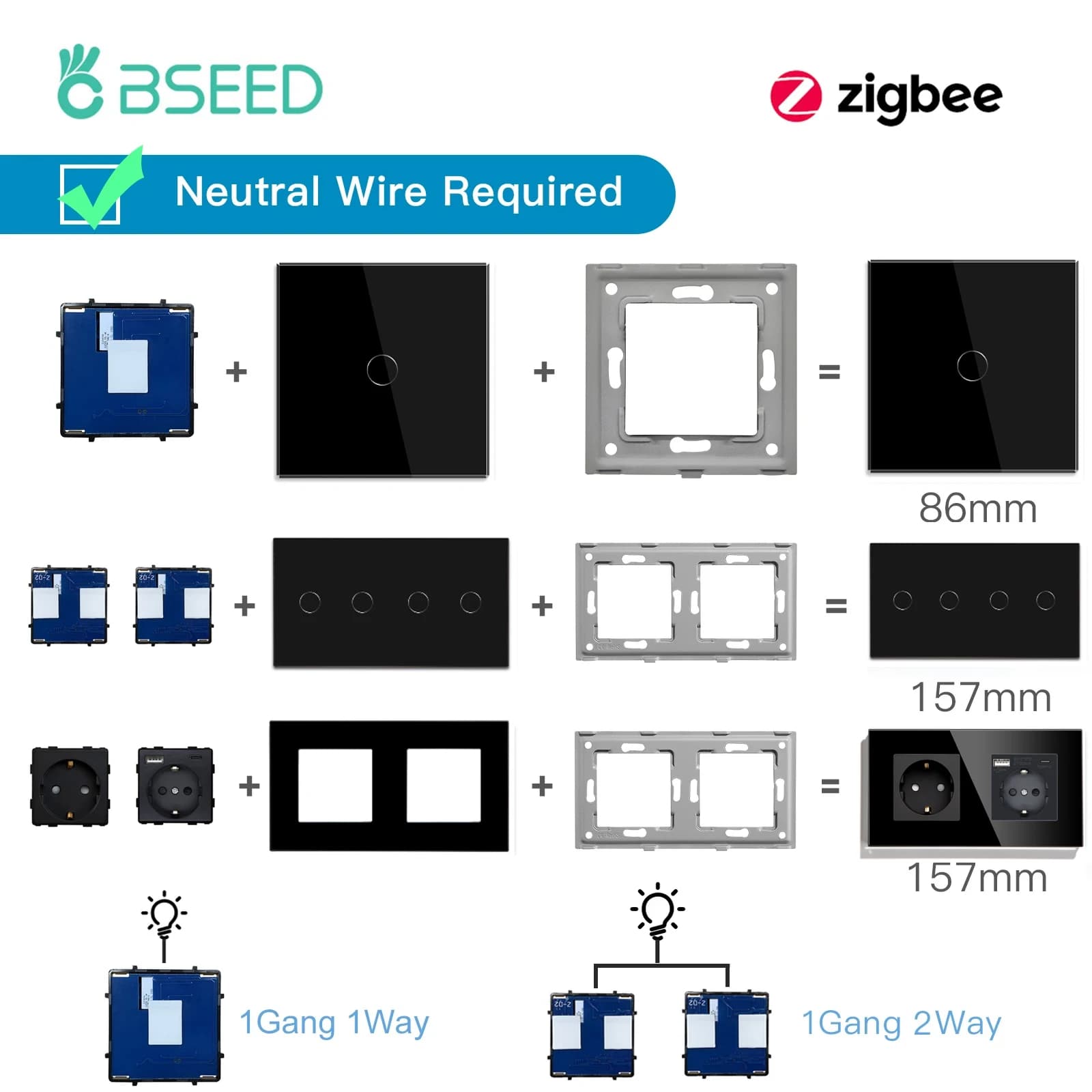 BSEED ZigBee Interruttori Parti Pannello in vetro Interruttori tattili Presa schermo Parti funzione Prese UE intelligenti Presa di corrente Telaio in metallo