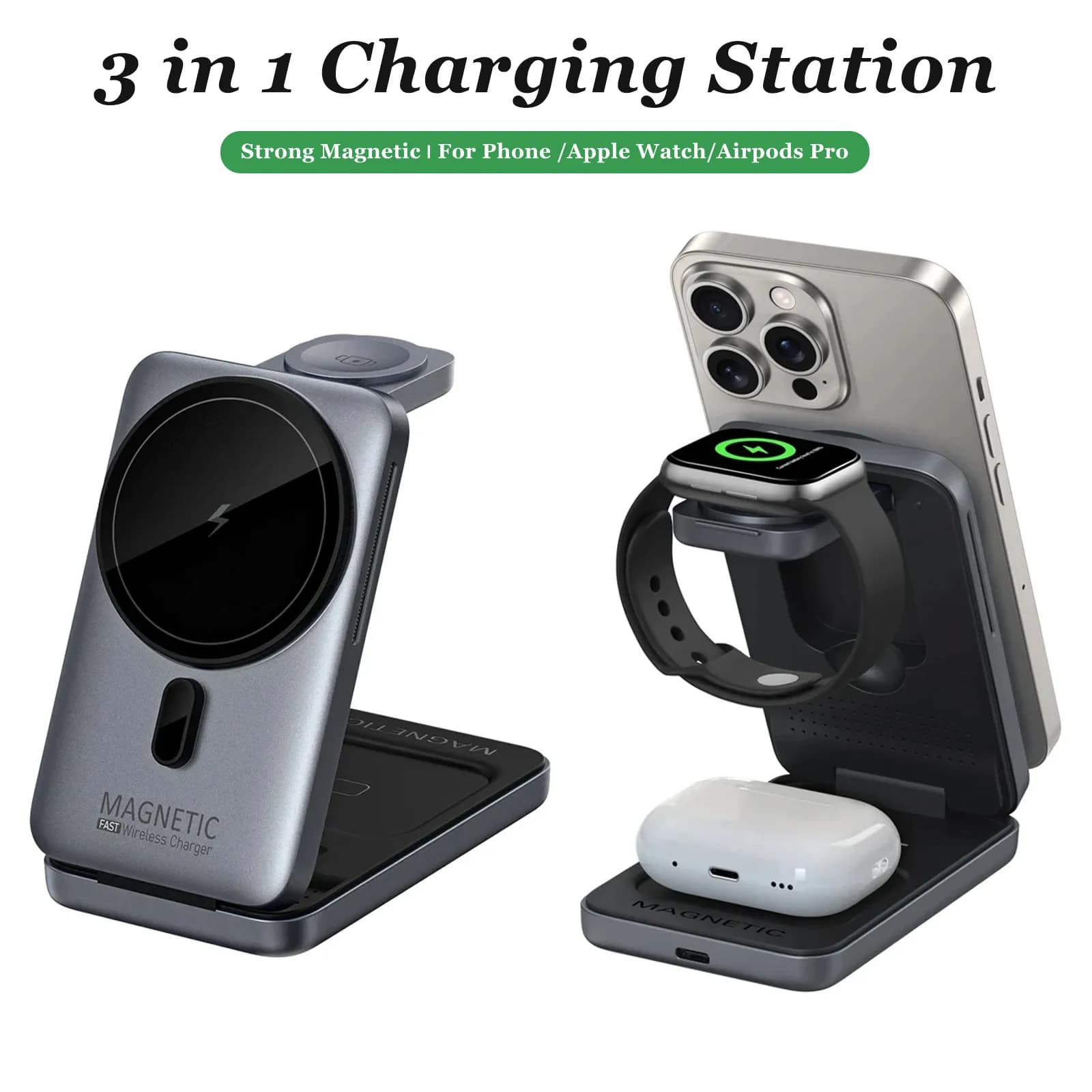 Supporto per caricabatterie wireless magnetico da tavolo 3 in 1 per Magsafe iPhone 17 Pro Max 16~12 Apple Watch 11 Airpods 4/3 Pro Ricarica rapida