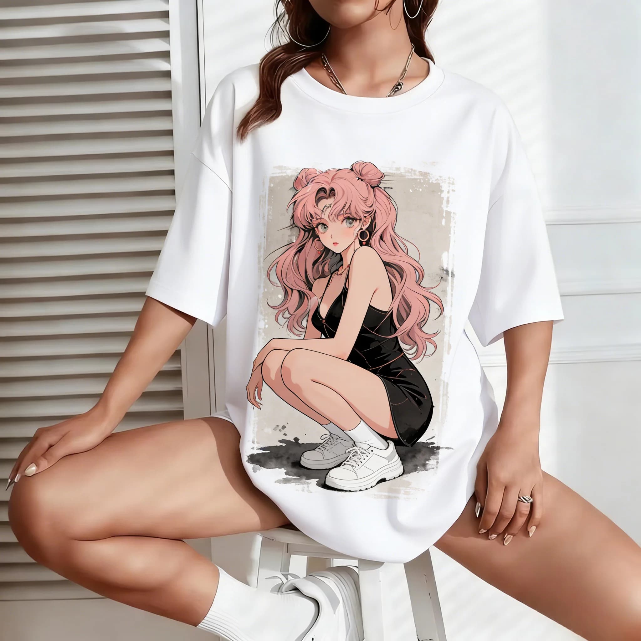 T-shirt Baggy Stampata 100% Cotone per Uomo e Donna, Stile Genitore, Collezione Estiva 2026 Sailor Moon Rabbit, Tendenza Streetwear Moderna e Cool