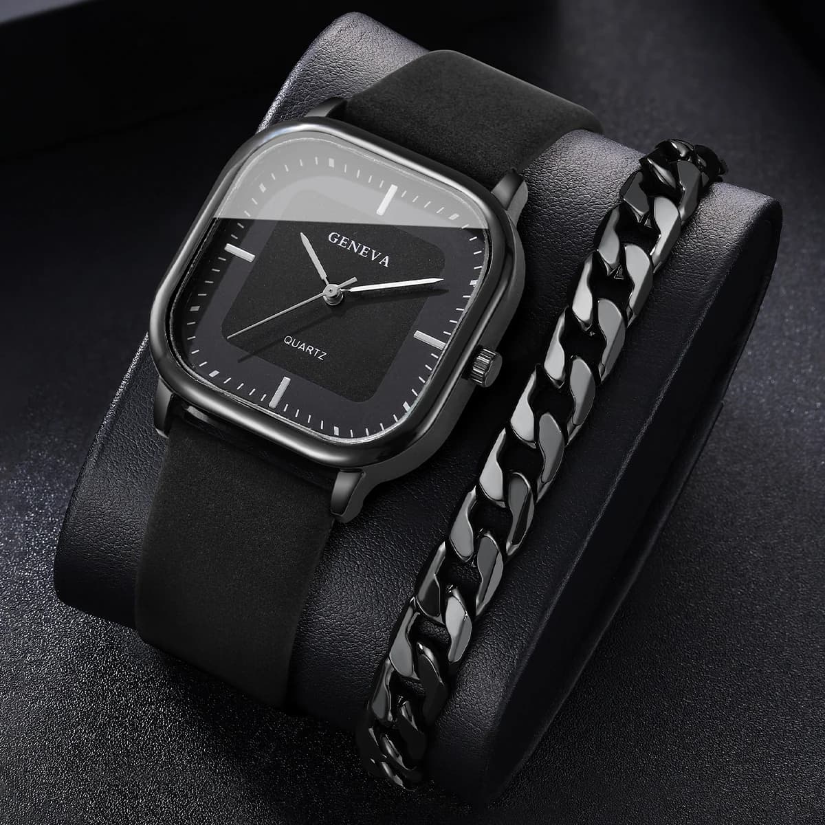 2 pcs/set leather strap men's fashion quartz watches casual dial square wrist watch with Reloj Hombre bracelet (without box)