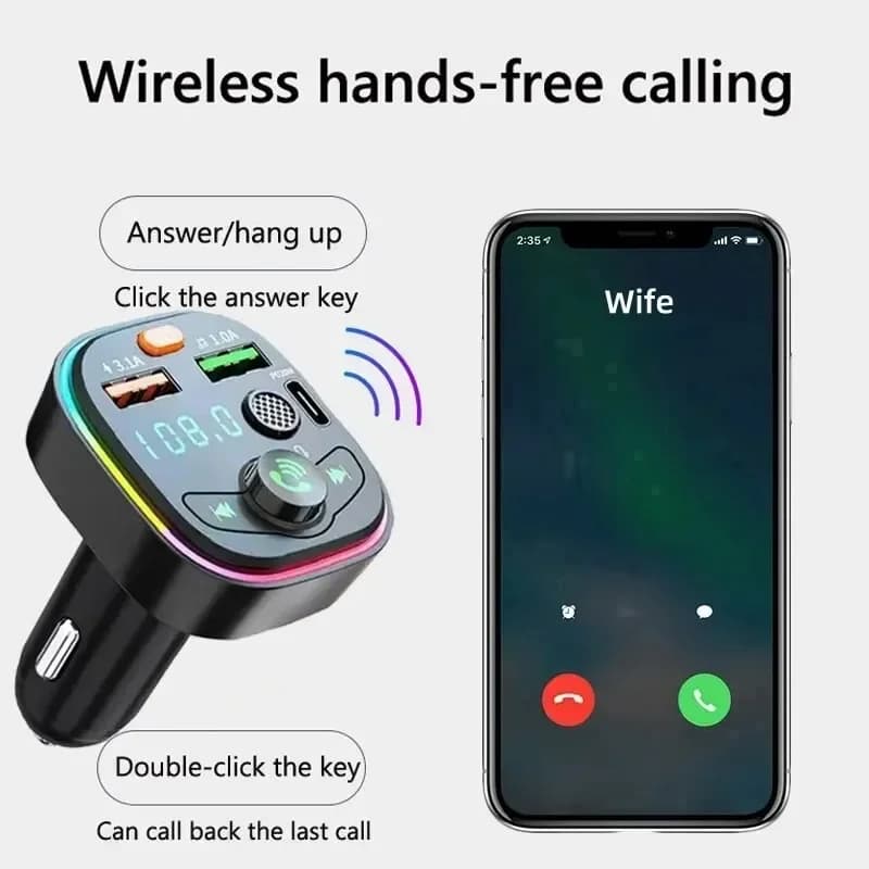 Caricabatteria per auto Ricarica rapida Wireless 5.0 Vivavoce Lettore MP3 per auto Trasmettitore FM Tipo C PD 18W 3.1A Kit per auto doppio USB Modulatore FM