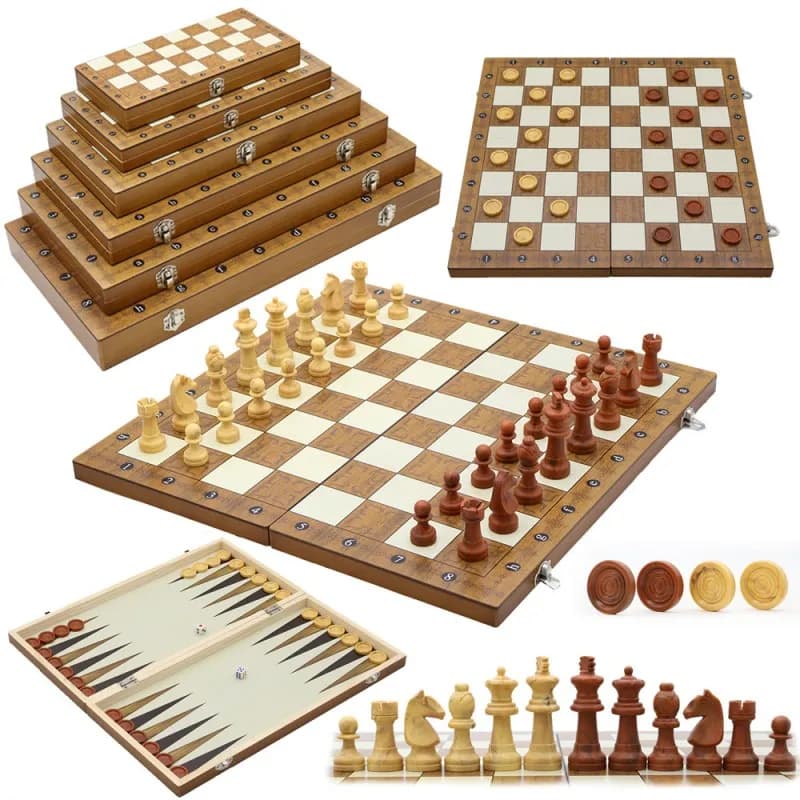 3 In 1 Wooden Board Party Table Games Foldable Portable Chess Backgammon Board Entertainment Travel Games Checkers Chess
