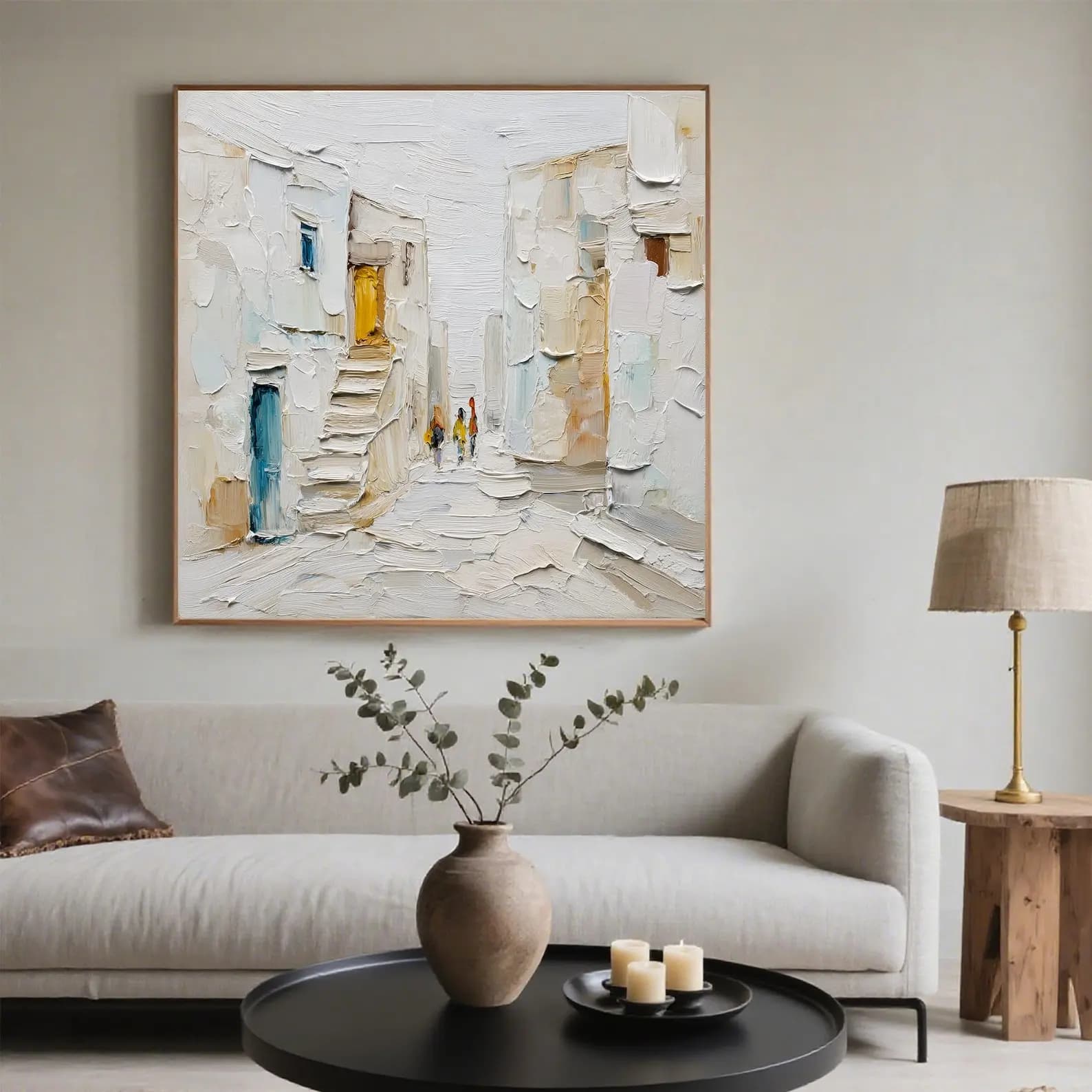 Mhemyo Original Hand Painted Mediterranean Village Oil Painting White Blue Street Scene Texture Horizontal Canvas Art Home Decor