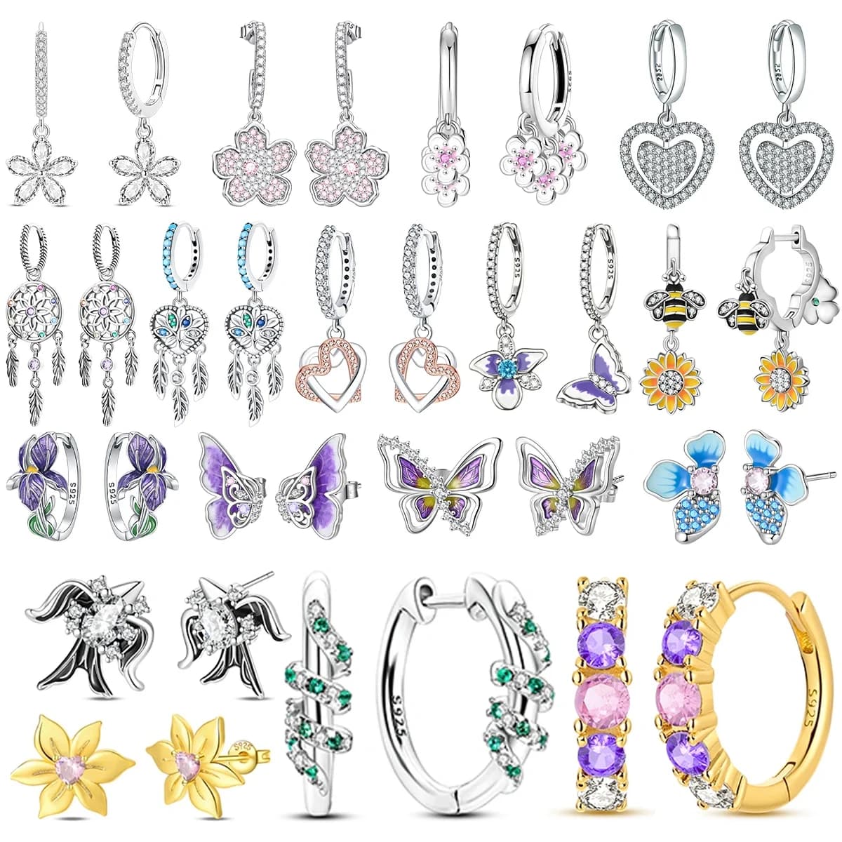 Original 925 Sterling Silver Flower Hoops Earrings Swallow Stud Heart Leaf Dreamcatcher Pendant Earrings Fine Jewelry Women Gift