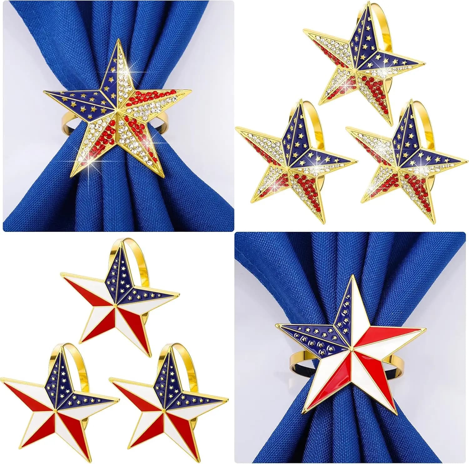 Set di 6 Portatovaglioli in Metallo a Forma di Stella con Strass per Decorazione Patriottica del 4 Luglio