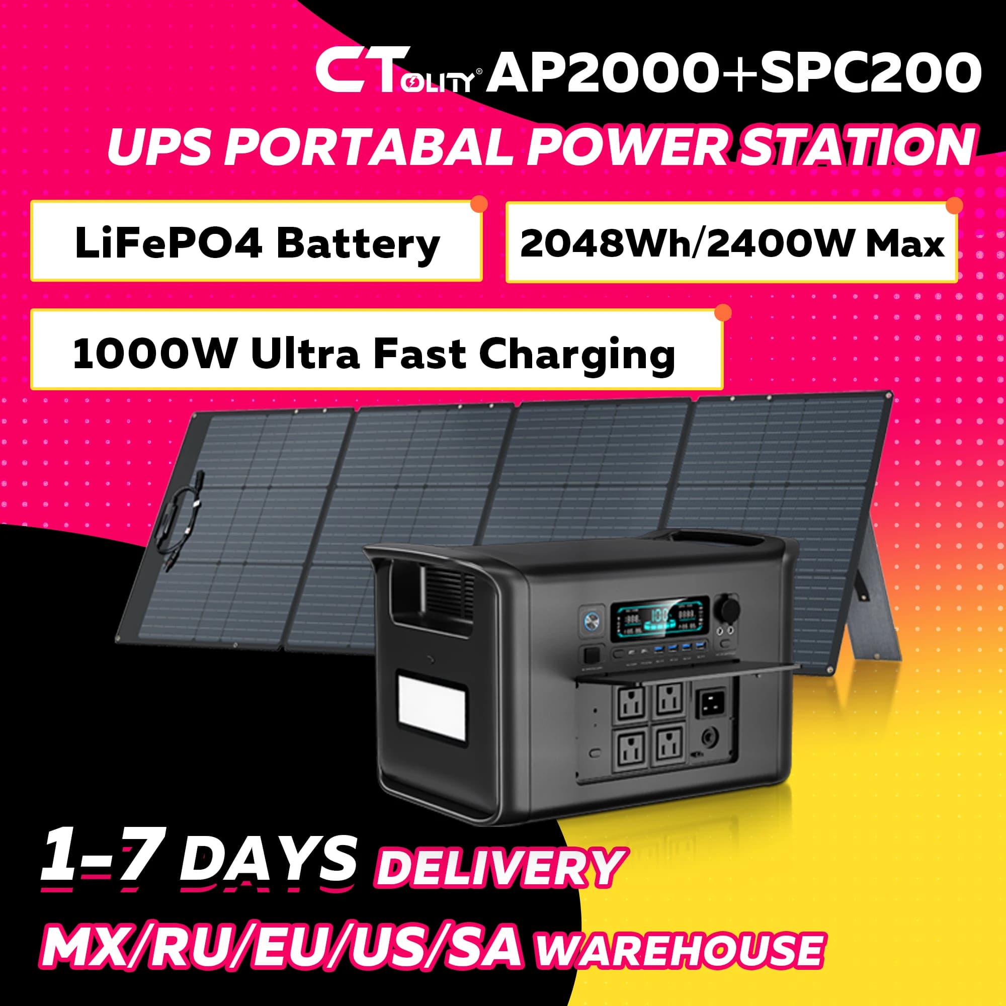 Generatore Solare Portatile CTOLITY 2400W 2048WH con Batteria LiFePO4, Stazione di Alimentazione UPS per Casa e Campeggio, Pannello Solare 200W