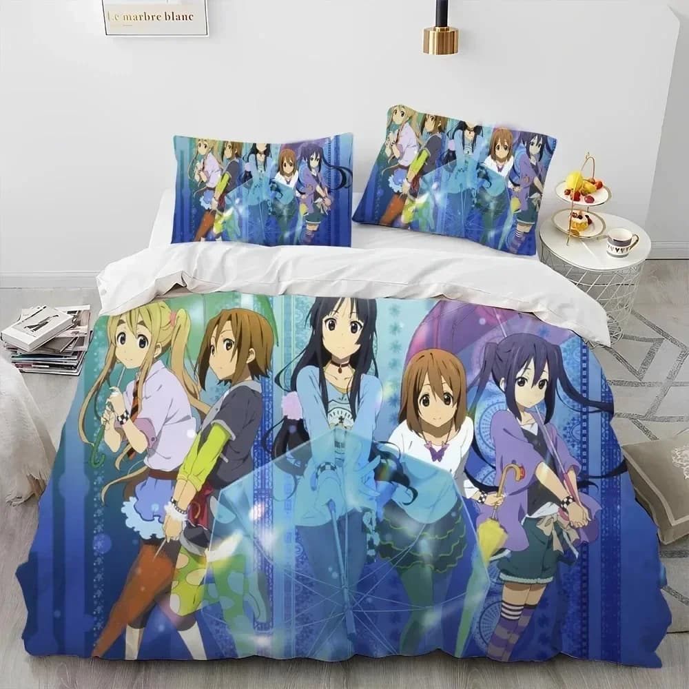 Set Letto 3D K-ON con Stampa Anime Ragazze Kawaii, Copripiumino, Federe, Set Biancheria da Letto, Lenzuola, Copriletto, Misure Full Queen King