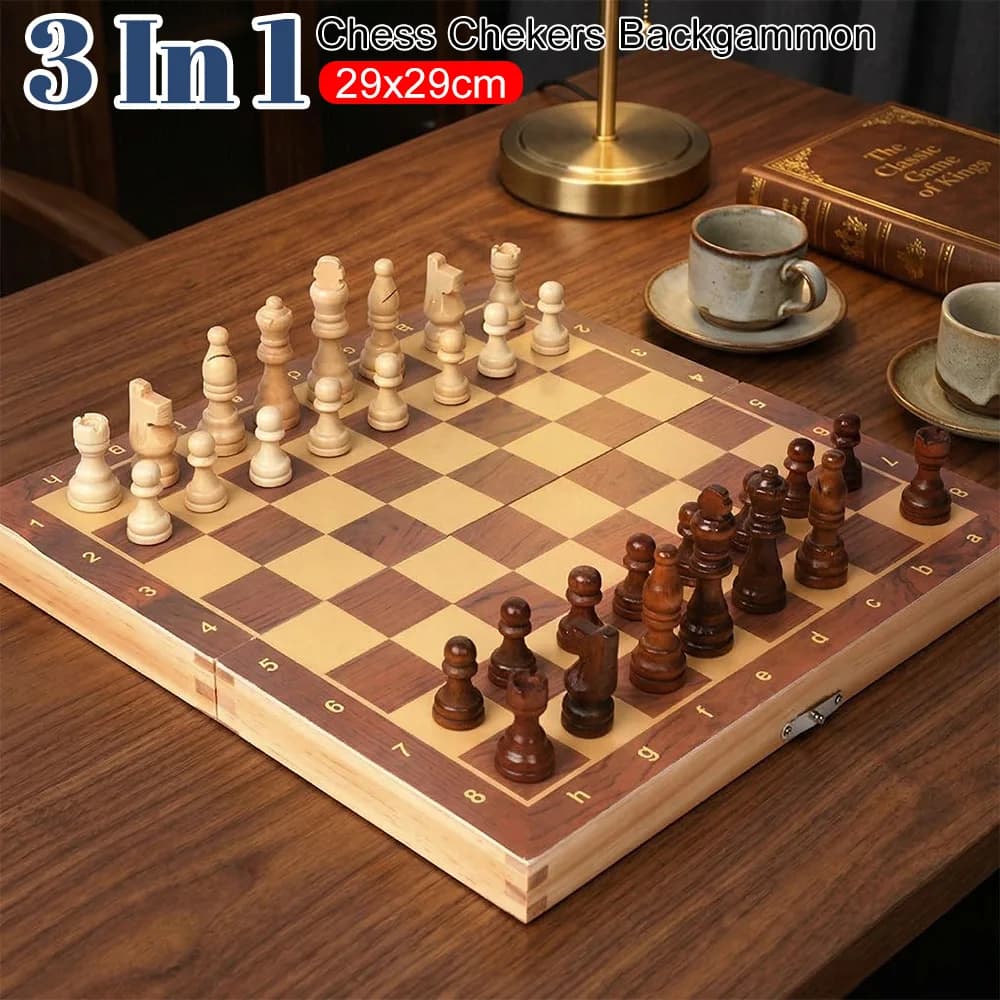 Scacchiera 3 in 1 per Scacchi, Dama e Backgammon, Sviluppa il Pensiero Strategico, 29x29cm, Scacchiera Pieghevole