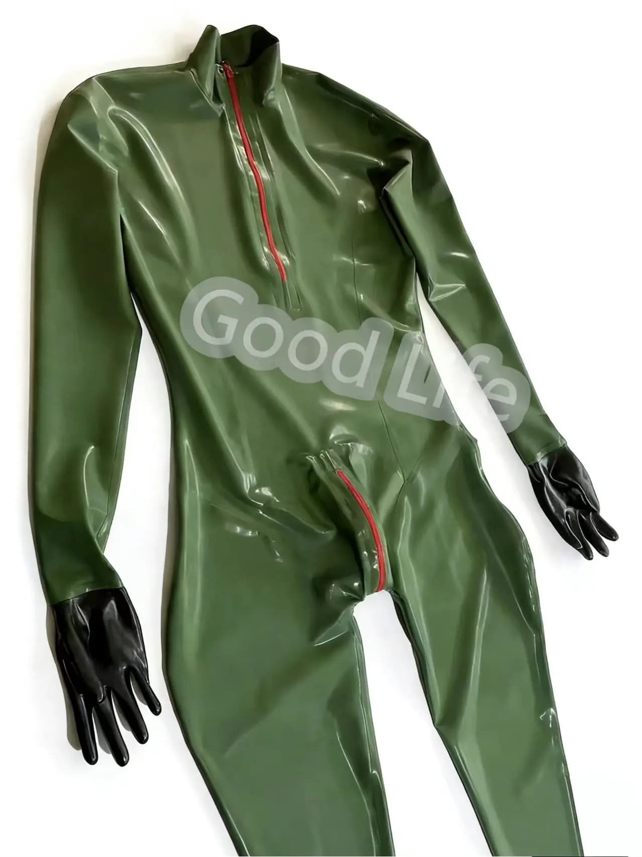 Catsuit in lattice verde militare sexy da uomo con zip frontale e sul cavallo, tuta in gomma fatta a mano con calze e guanti neri inclusi