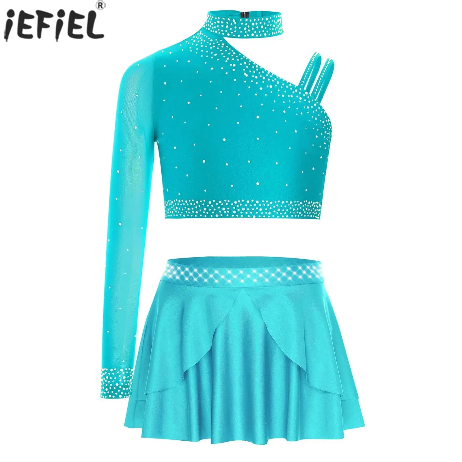 Costume da ballo lirico per bambina, balletto, pattinaggio di figura, ginnastica, performance, abbigliamento da ballo, strass scintillanti, top corto con gonna