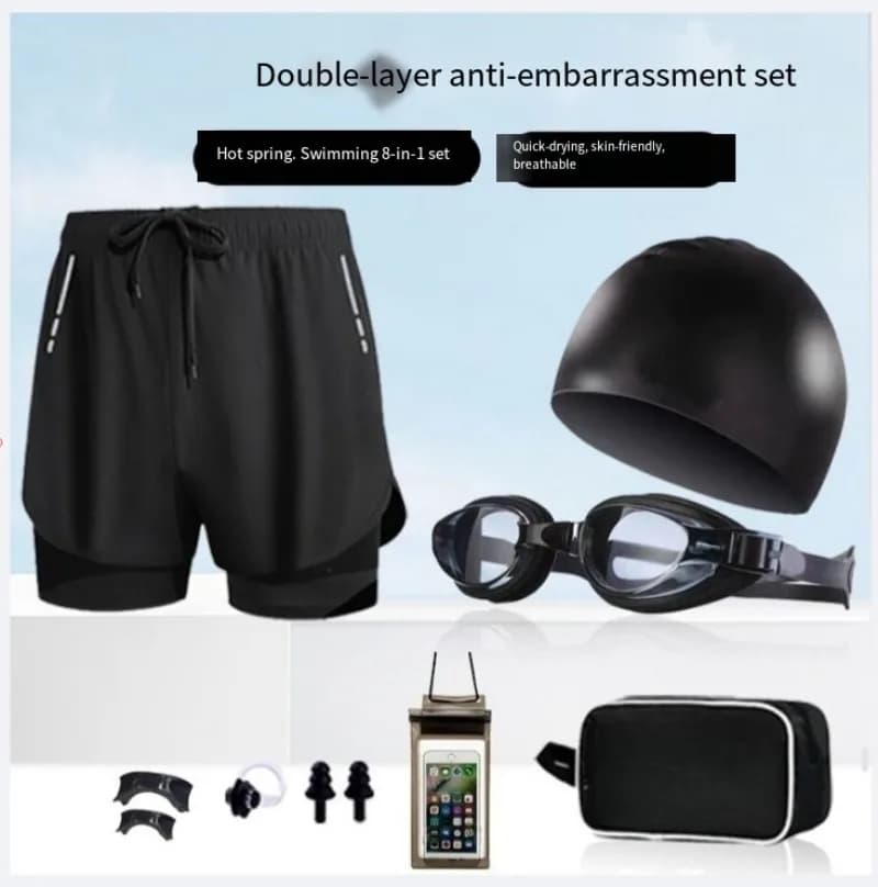Men's Swimming Suit Set：Swim Trunks Goggles Cap, Anti-embarrassment Beach Shorts for Pool Beach