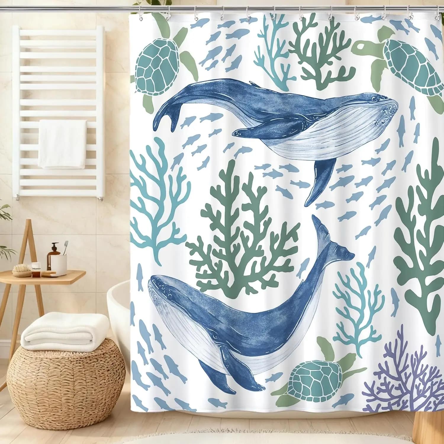 Tenda da Doccia con Tema Marino: Balene e Tartarughe, Decorazione Nautica, Set Vita Marina, Tema Sottomarino, Blu con Ganci