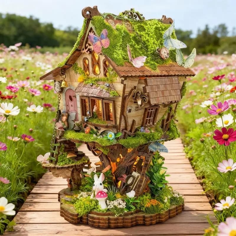 Casa delle Bambole in Legno Fai-da-Te 'Rowan's Treehouse' con Luci e Miniature, Assemblata, per Decorazione Casa e Regali di Compleanno per Amici