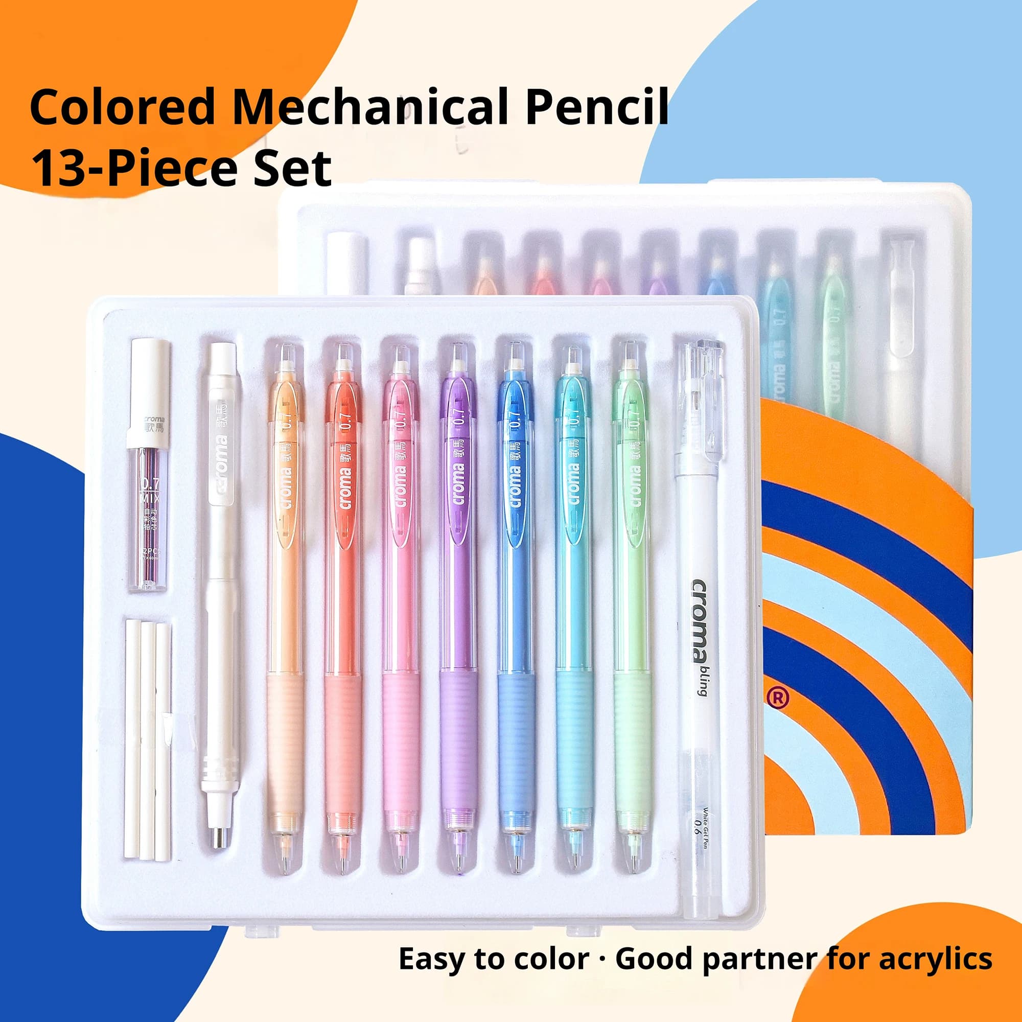 13Pcs/Set Colored Mechanical Pencil Erasing 0.7mm Color Lead Student Drawing Automatic Pencil Sketch Comics Cute School Supplies
