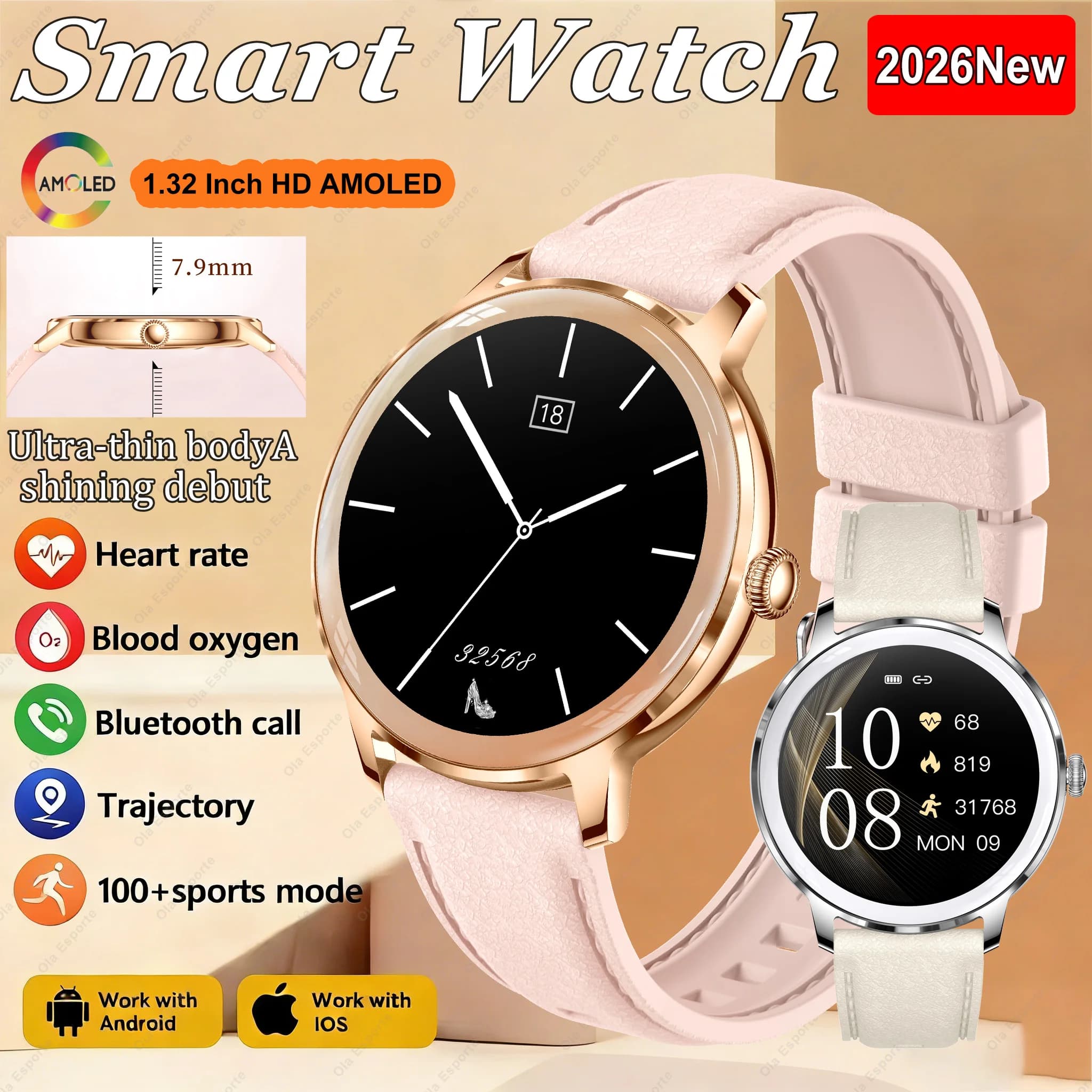 1.32 Inch Smart Watch HD AMOLED Health Monitor Call BT Message notification Sport Fitness Tracker Smartwatch for Android iOS
