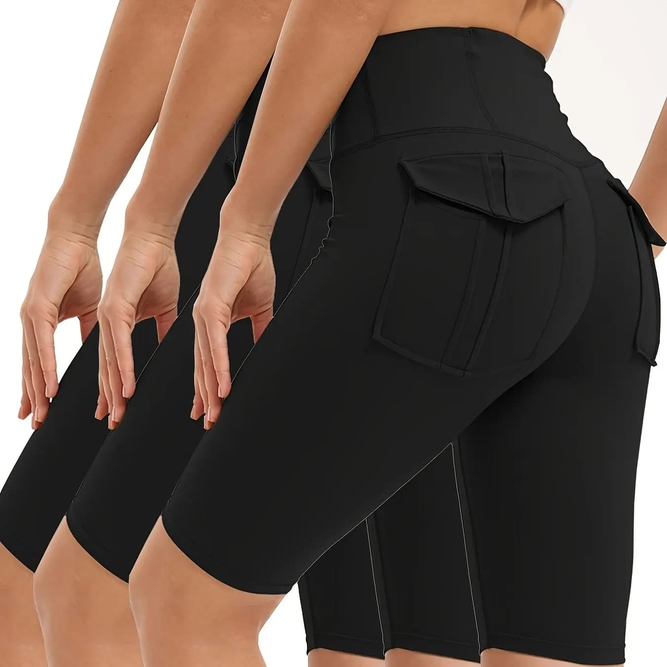 Pantaloncini da palestra a vita alta da donna alti da 3 pezzi con tasche, controllo della pancia super morbido attraverso l'allenamento, la corsa, lo yoga, i pantaloni sportivi