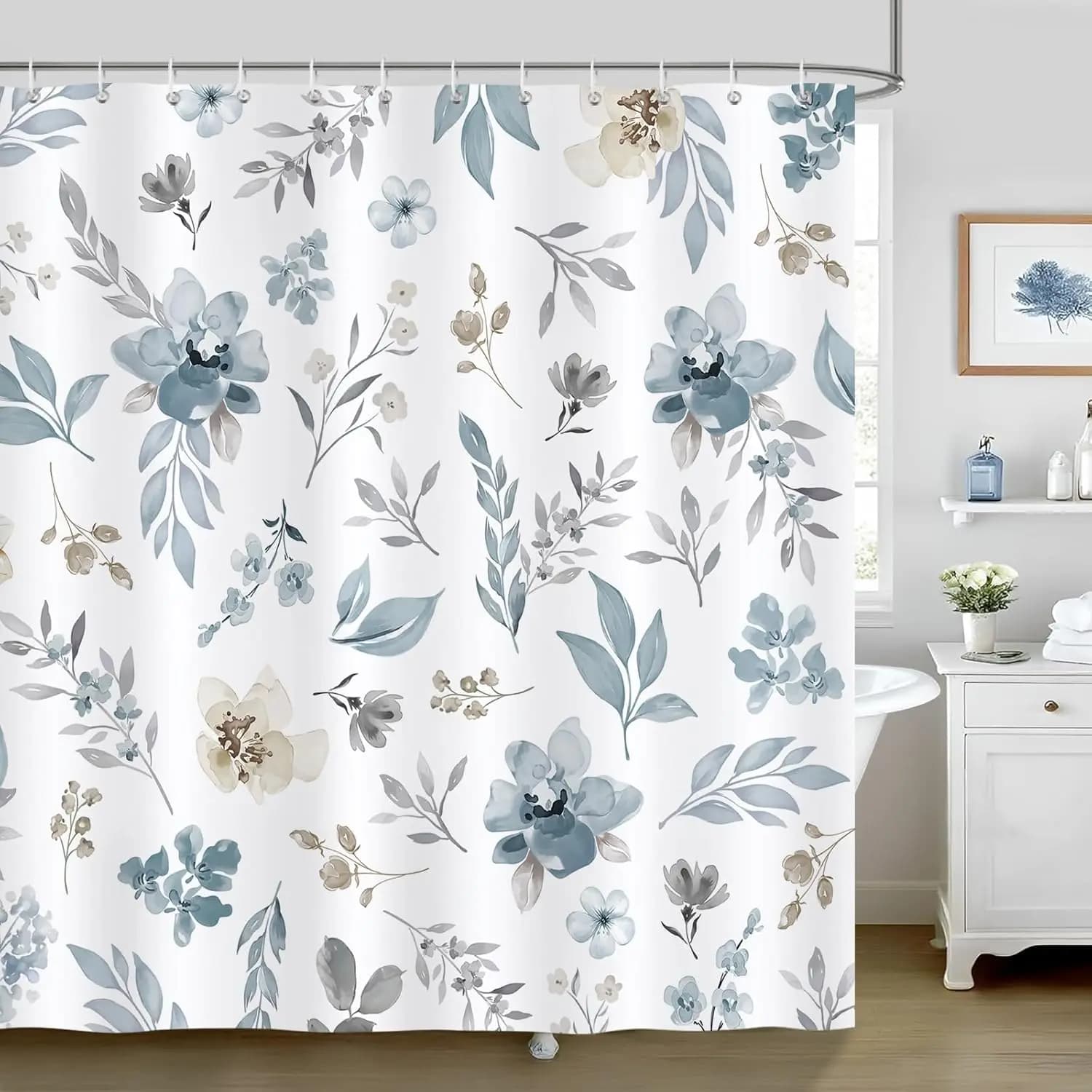 Tenda da doccia floreale blu grigio con stampa botanica ad acquerello per l'arredamento moderno del bagno