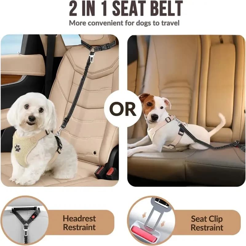 Dog Seat Belt for Car 2-in-1 Pet Safety Harness Adjustable Elastic Bungee Buffer Travel Tether