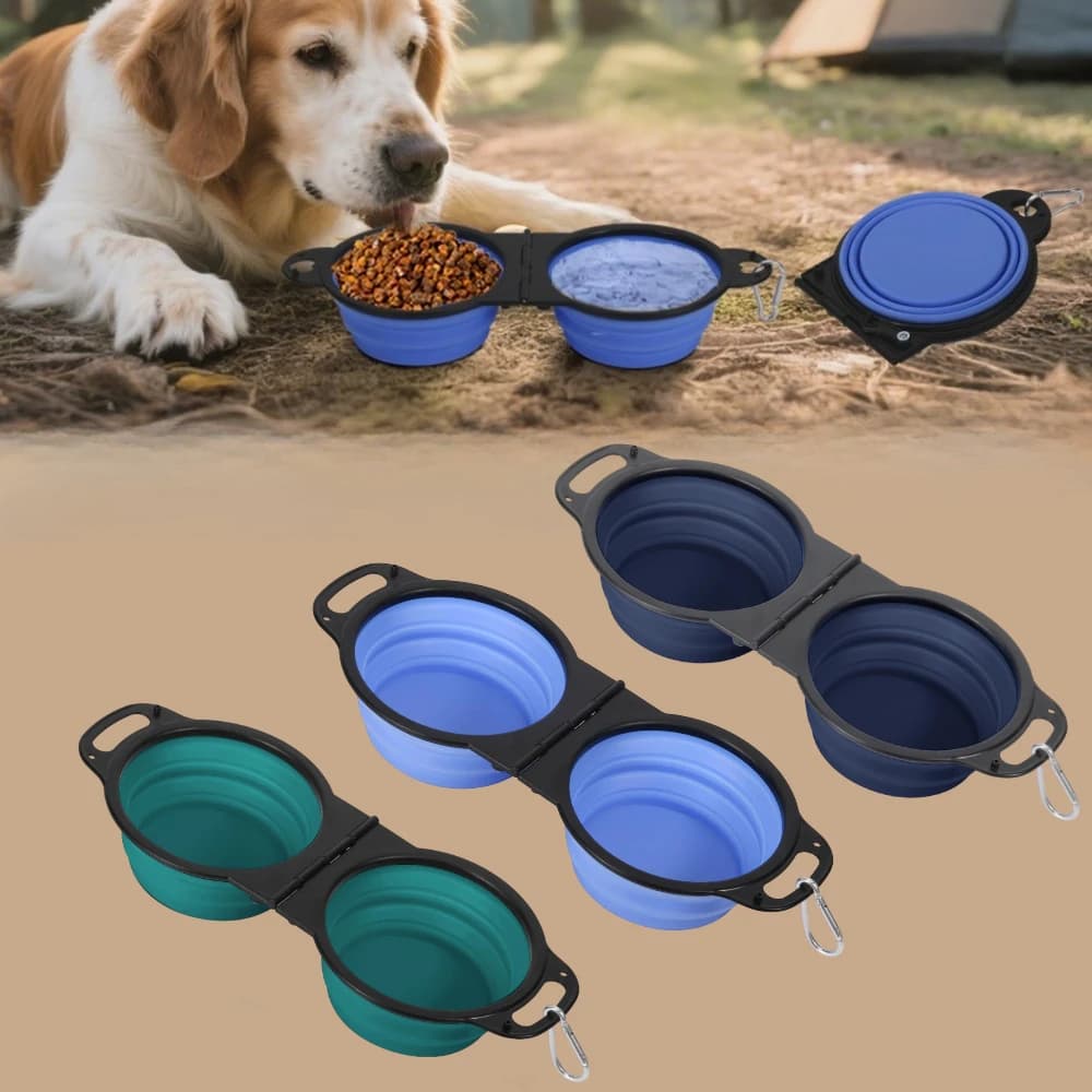 3 Pack Collapsible Dog Dual Bowls, 2in1 with Locking Clip for More Stability 180 Degree Flip Portable Dog Travel Bowl for Water and Food Pet Food Drinker (Blue Dark Blue Dark Green)
