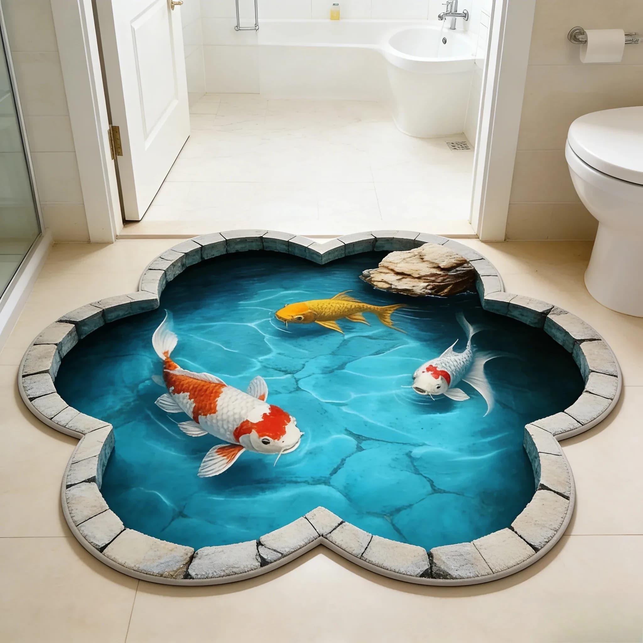 VIKAMA Koi Fish Pond Print Irregular Round Area Rug Non Slip Floor Carpet for Balcony Zen Home Decor