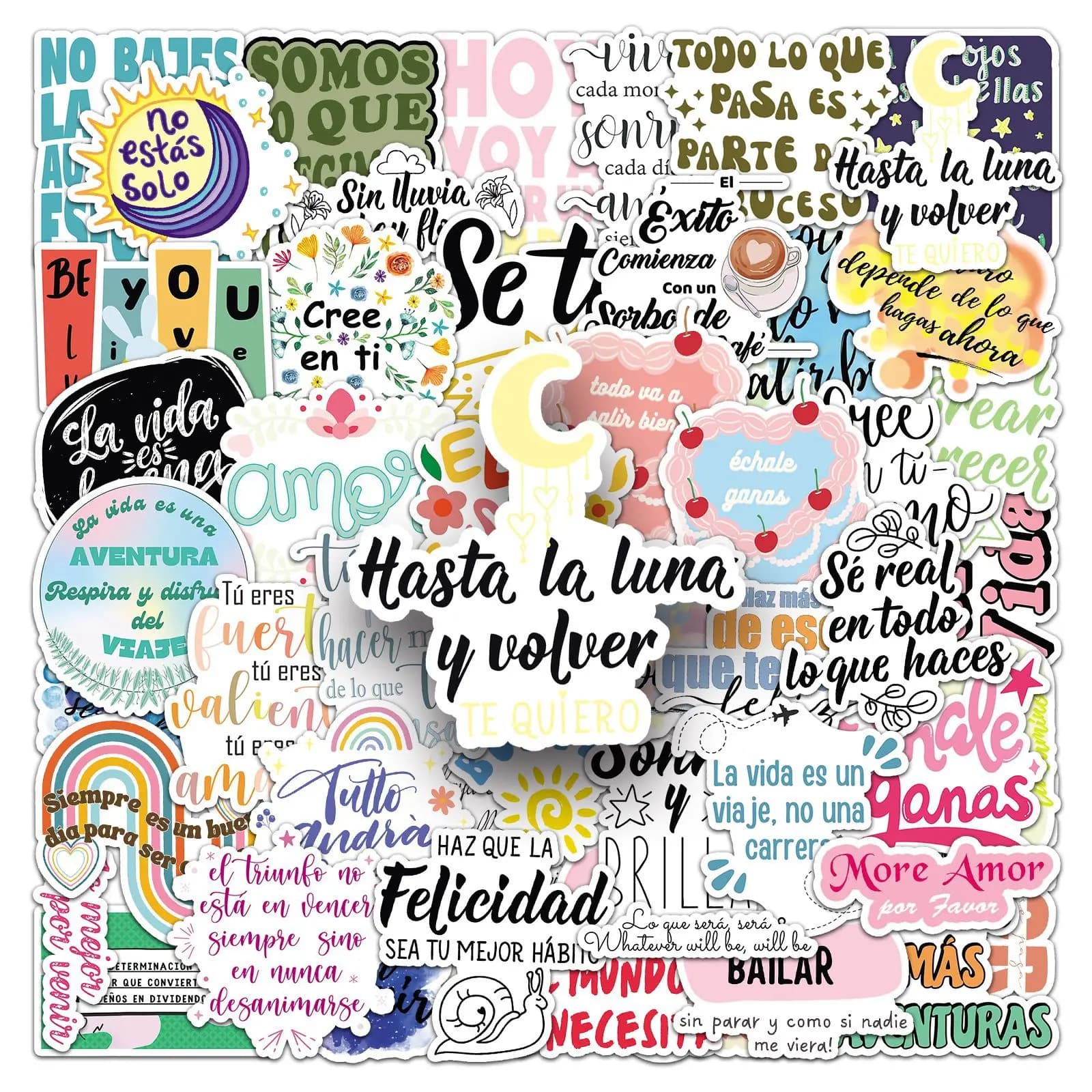 10/30/50 Cartoon Cute Inspirational Spanish Graffiti Stickers Text Phrase Decals DIY Laptop Waterproof Cool Stickers Classic Toy