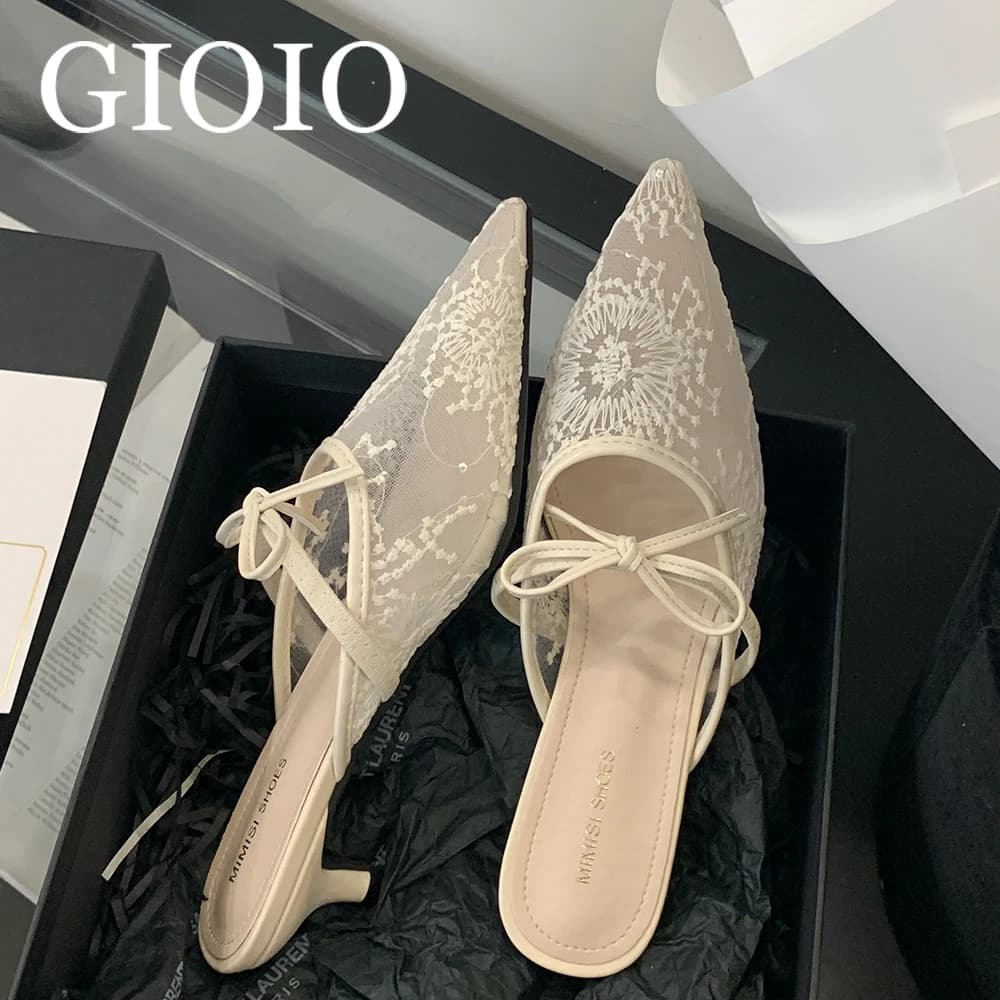 Mules da donna con tacco a spillo e punta a rete, eleganti sandali estivi senza cinturino per feste e matrimoni