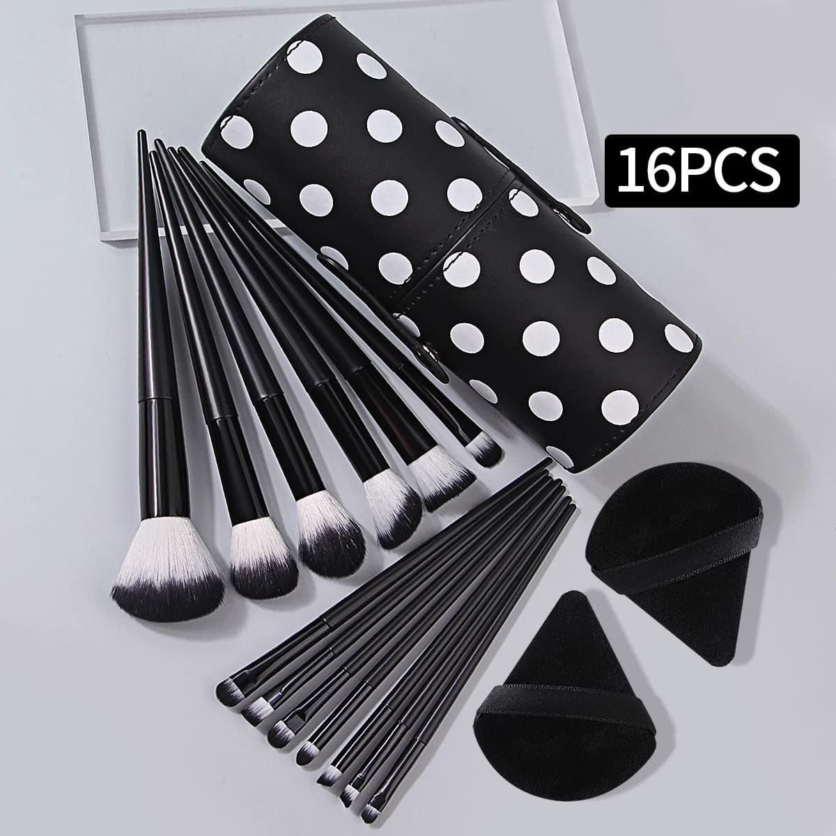 Set of 13-piece black makeup brush, soft bristle shading brush, contour brush, 2-piece triangular powder, leather glove bucket