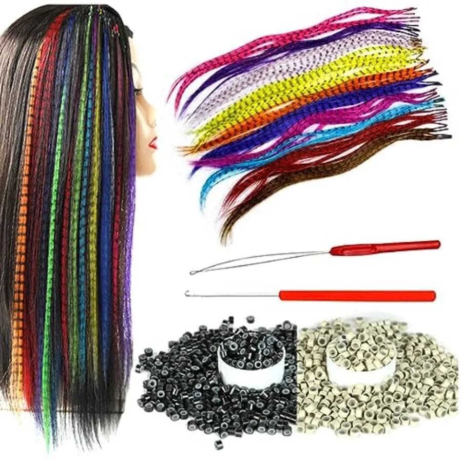 Synthetic Feather Hair Extensions for Women 16 Inch Hairpieces With 100pcs Silicone Micro link Beads And 2 Crochet Hooks Hair F
