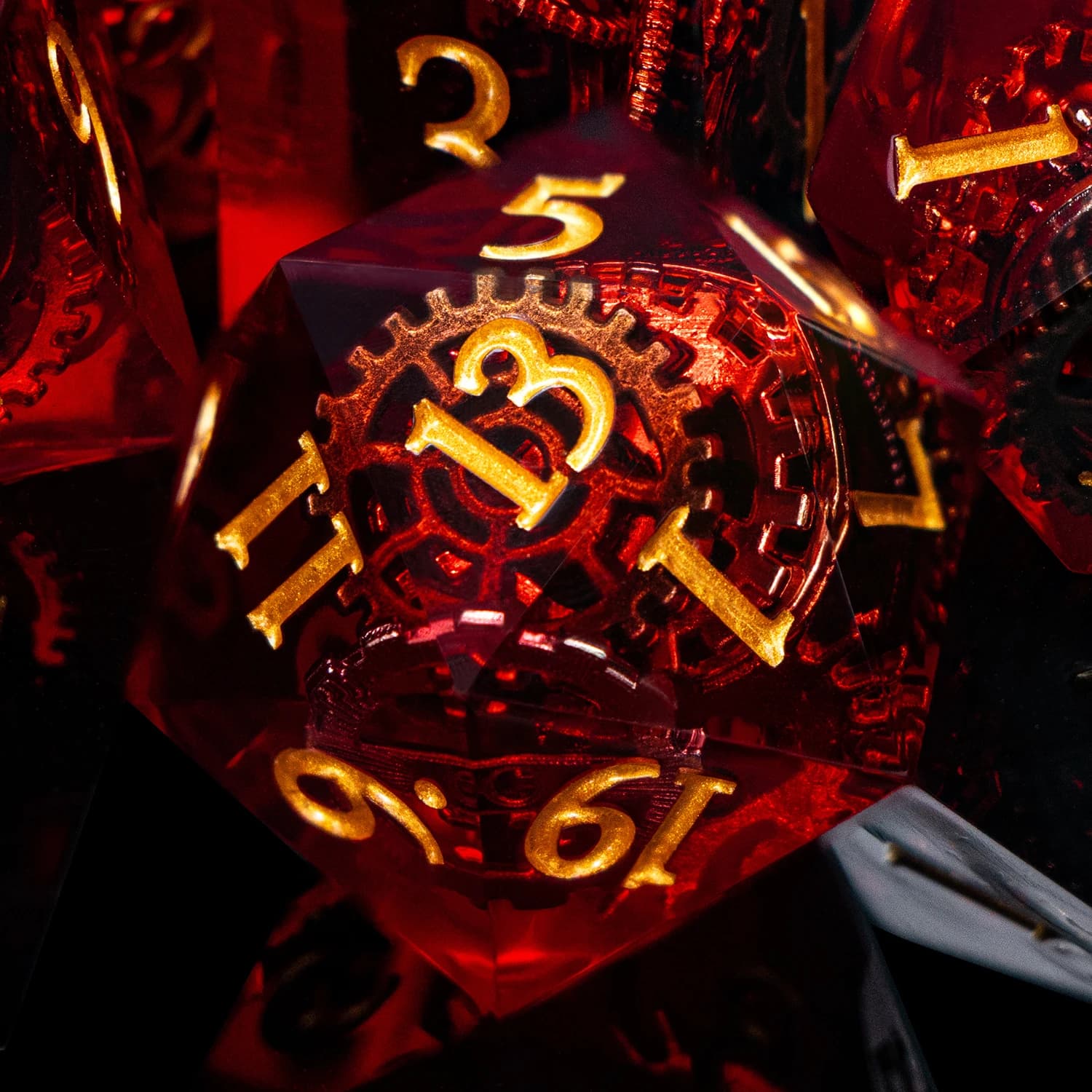 D20 Red Gear Dnd Resin Sharp Edge Dice Set D&D Dungeon and Dragon Pathfinder Dice D and D Polyhedral Role Playing Game Roll Dice