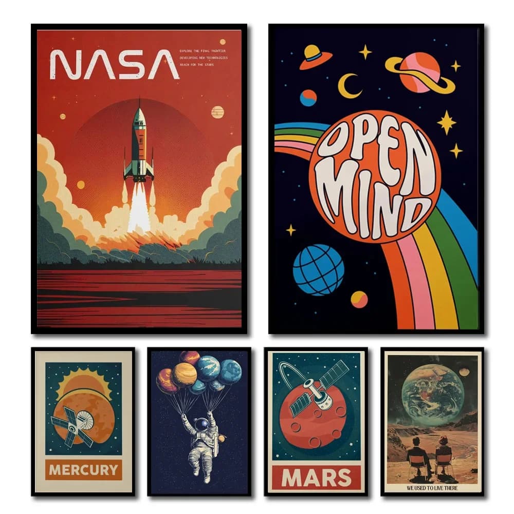 1pc Retro Sistema Solare Pianeta Spazio Astronauta Stampa da parete su tela Astronomia Poster Luna Decorazione da parete Arte stampabile