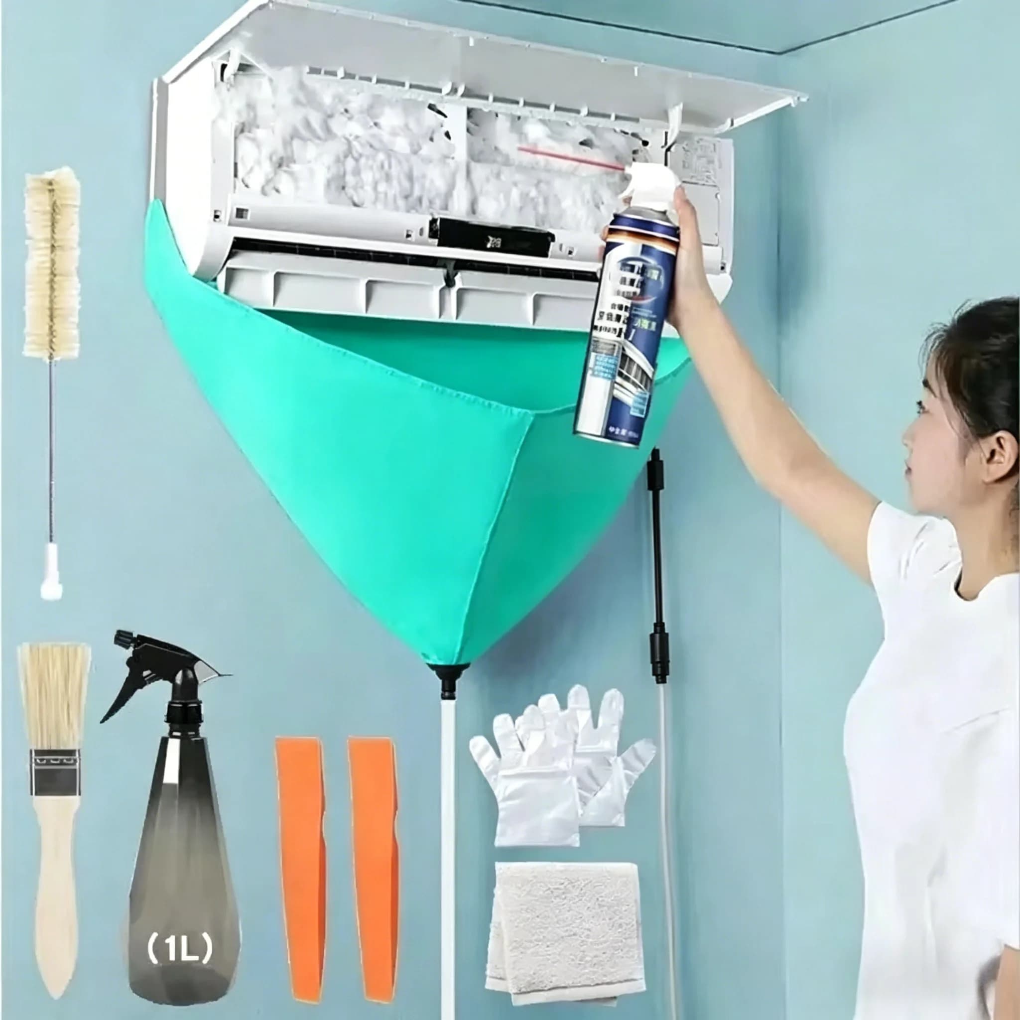 Kit di Pulizia per Condizionatori d'Aria 8/6/1 Pezzi, Set Completo con Copertura Antiperdita e Tubo per Acqua, Strumenti per la Pulizia
