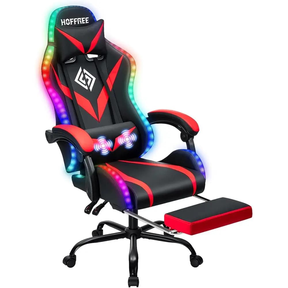 Ergonomic High-Back Gaming Chair with Massage, LED Lights, Adjustable Lumbar Support and Armrests, Red and Black