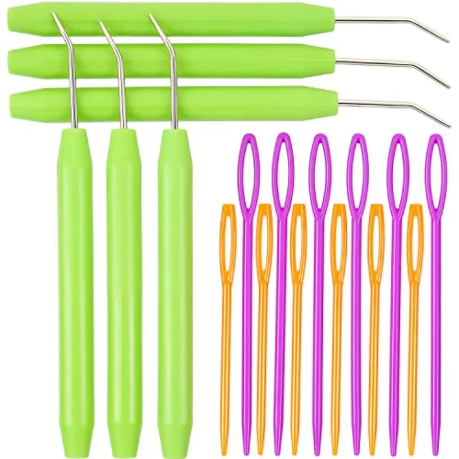 Knitting Loom Hooks, Crochet Hook Set, 6 Pcs Green Knit Loom Hooks with 12 Pcs Colorful Plastic Sewing Needles for Knifty Knitt