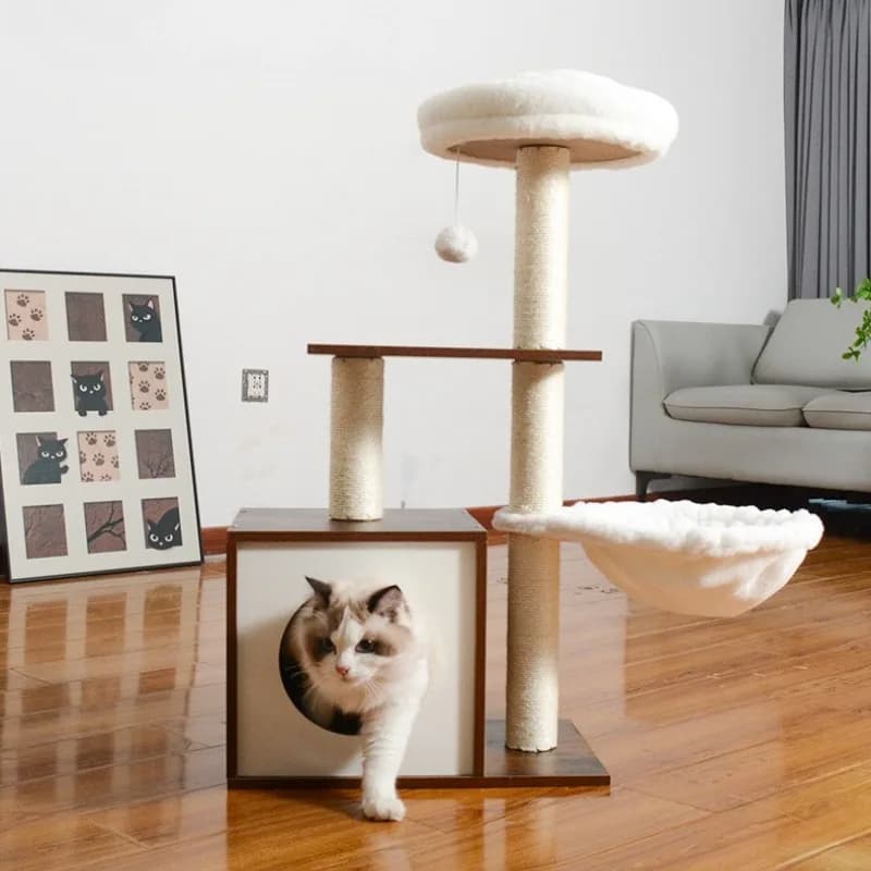 Solid Wood Cat Tree Indoor Cabinet Cats Trees Scratching Post Toy Cat Tower Scratcher Bed Climbing Hiding Multi-level Pet House