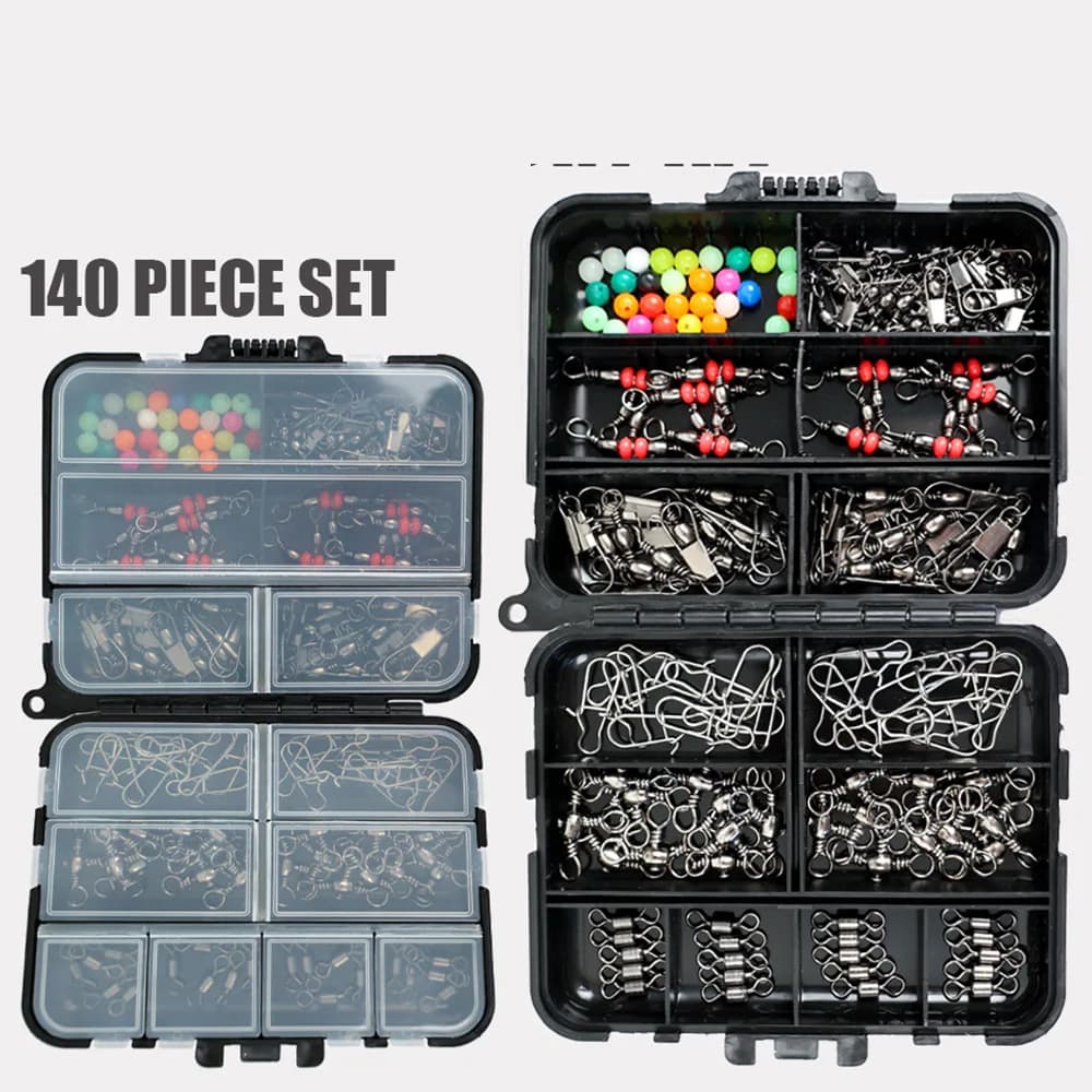 140PCS Fishing Swivels Snaps Kit Assorted Rolling Barrel 3 Way Swivels Quick Connect Clips Beads Terminal Tackle Box