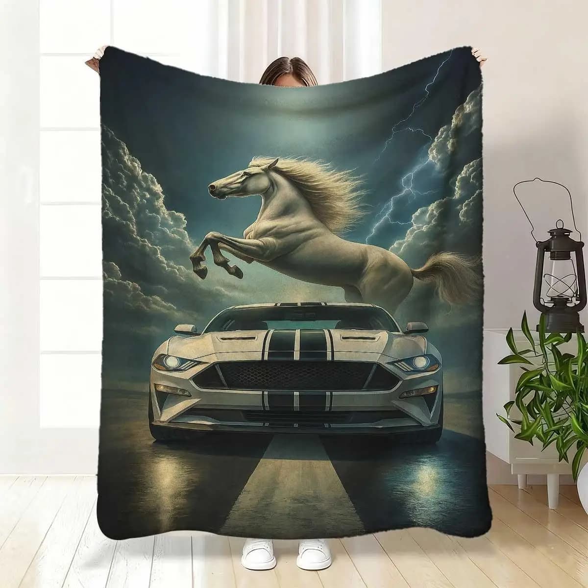 Horse and sports car patterns Flannel printed blanket suitable for all seasons suitable for living room office sofa and travel