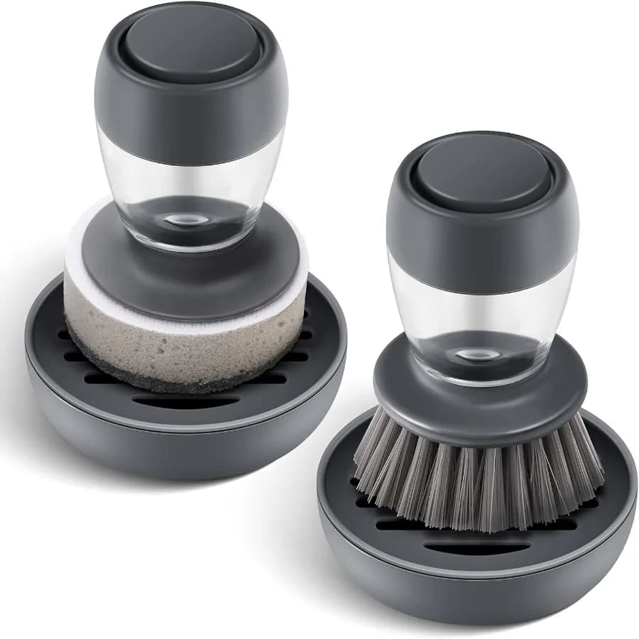 Spazzolino per piatti con dispenser di sapone e set di lavapiatti con vassoio drenante per lavare i piatti/pentole grigio, set di 2