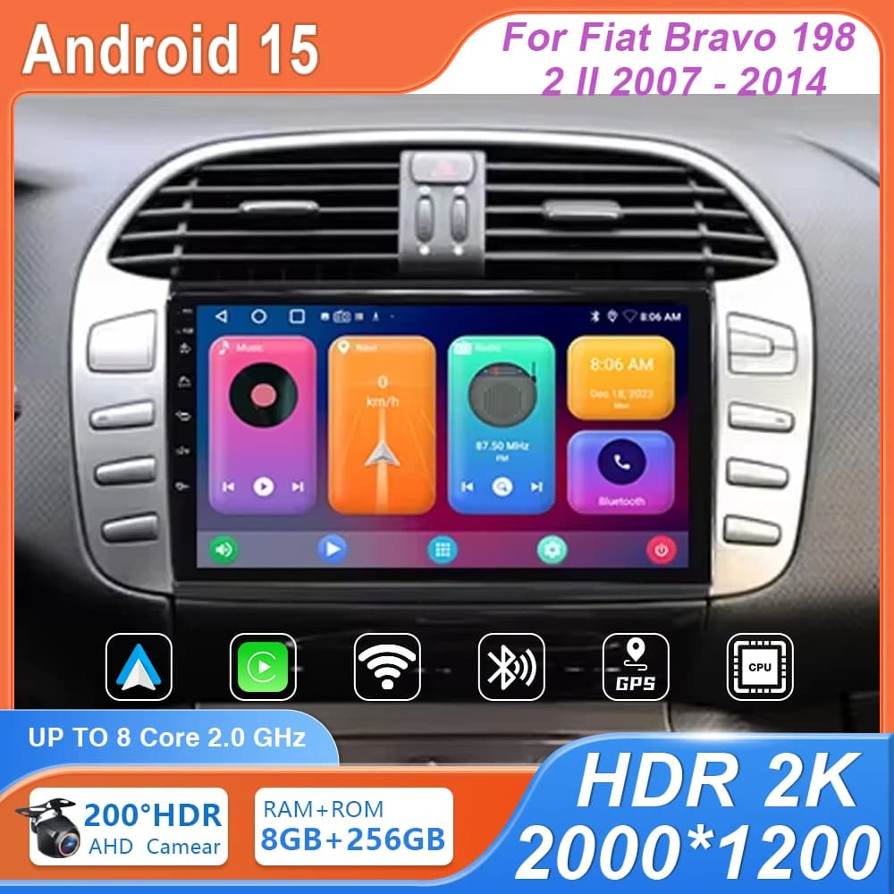 Multimedia Player 4G WIFI Android 15 Car Radio For Fiat Bravo 198 2 II 2007 - 2014 Carplay DVD Head Unit QLED GPS Navigation DSP
