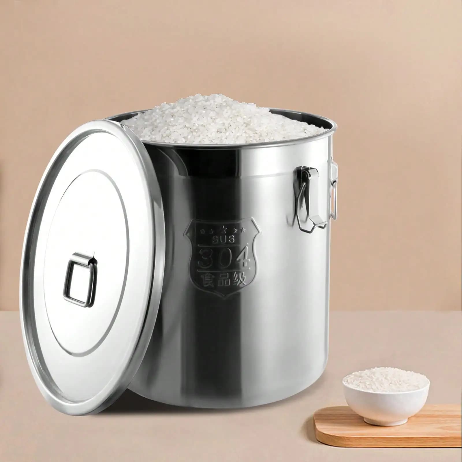 Contenitore ermetico in acciaio inossidabile da 48 litri per cucina, contenitori per cereali, riso, cereali, contenitori, secchio di stoccaggio con maniglie + coperchio