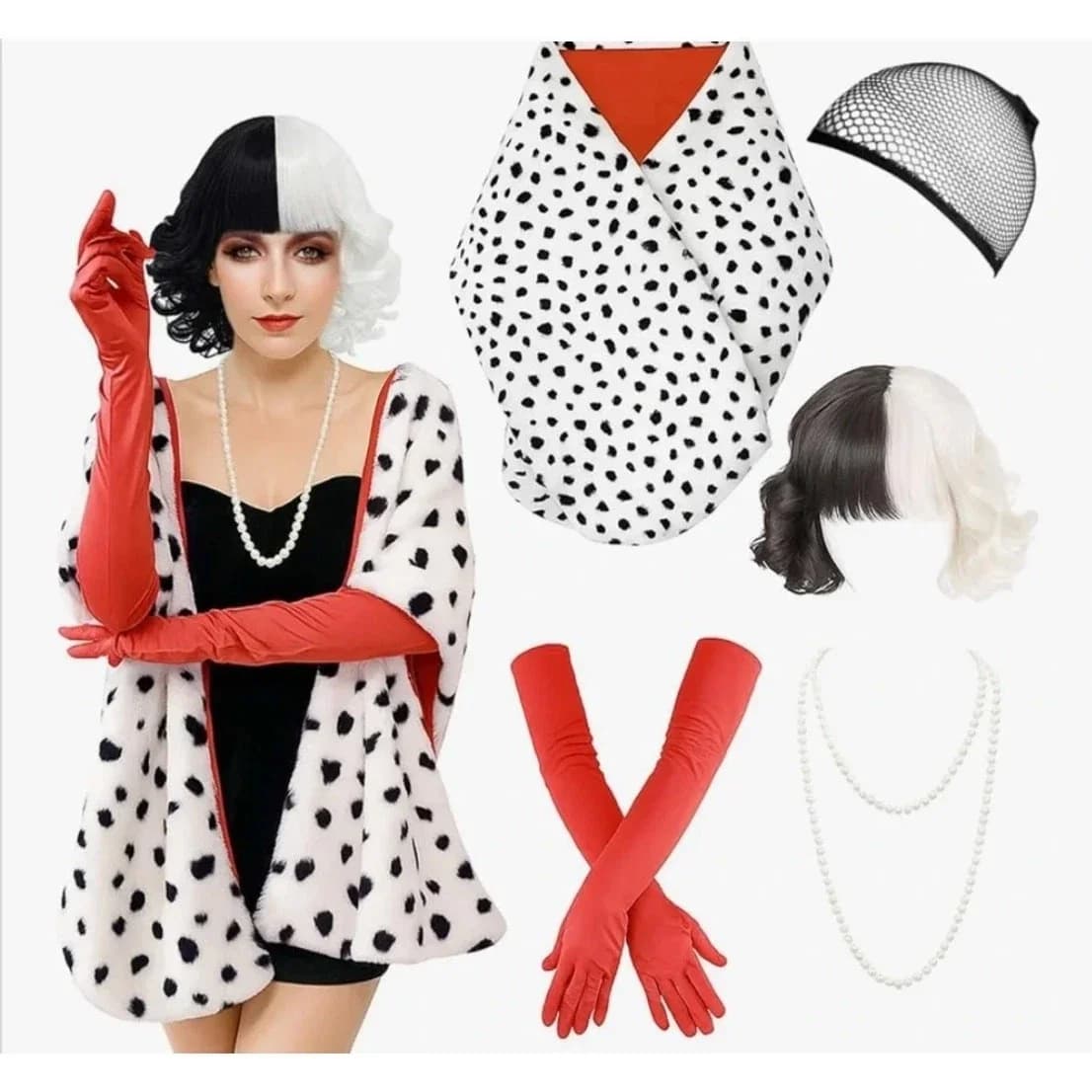 Set di 5 Accessori per Costume da Dalmata di Halloween: Mantello Rosso, Guanti Lunghi, Parrucca Bianca e Nera, Collana per Costume Anni '20 e '50