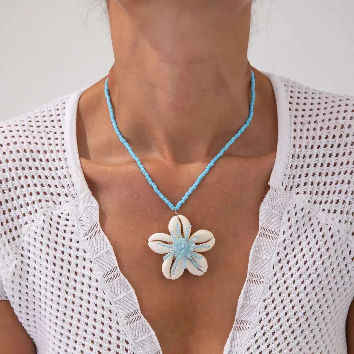 KunJoe 3 Colors Boho Embedded Flower Pendant Necklace For Women Acrylic Esthetic Beads Semi Round Neck Summer Beach Jewels Y2K