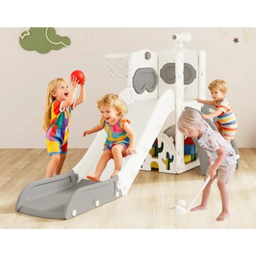 Scivolo 8-in-1 per Bambini da 1-3 Anni, Set da Gioco per Interni ed Esterni con Contenitore, Arrampicata, Telescopio, Set da Golf, Set da Disegno, Canestro da Basket B