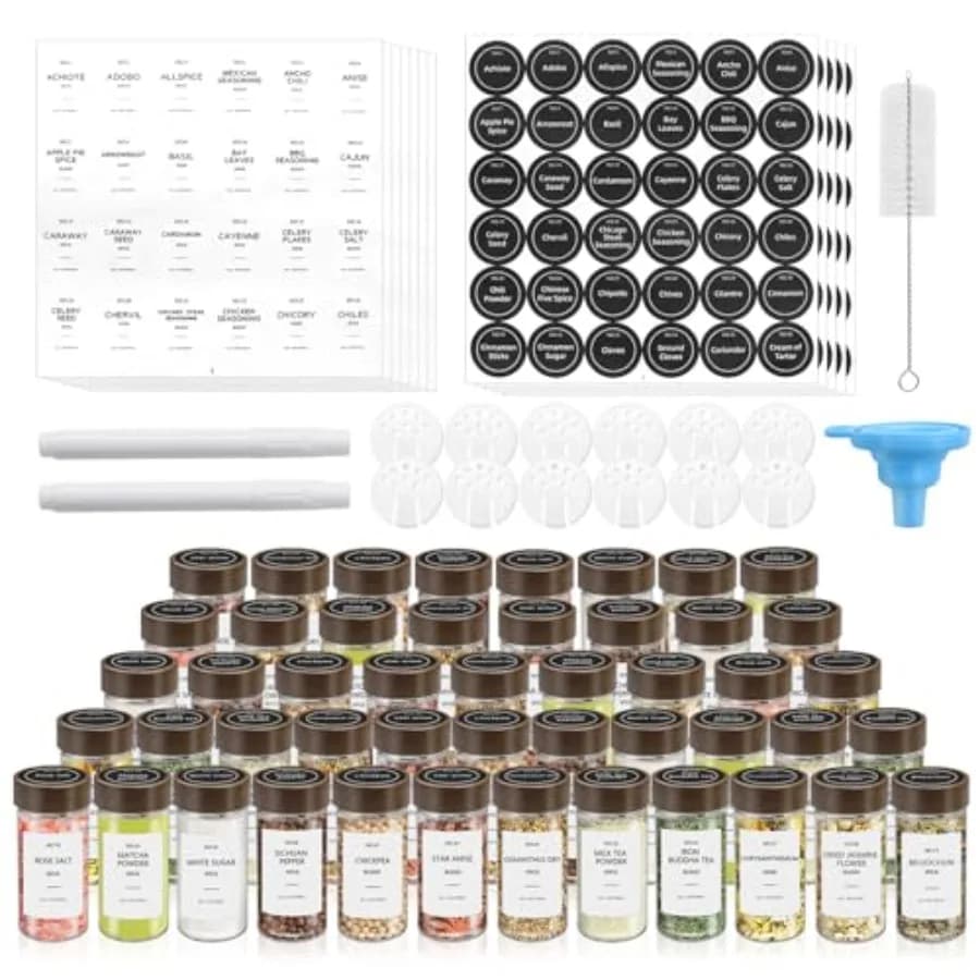 Set di barattoli per spezie da 4 oz in vetro rotondo con coperchi in acacia, etichette, penna, imbuto e bottiglie per la conservazione delle condimenti.