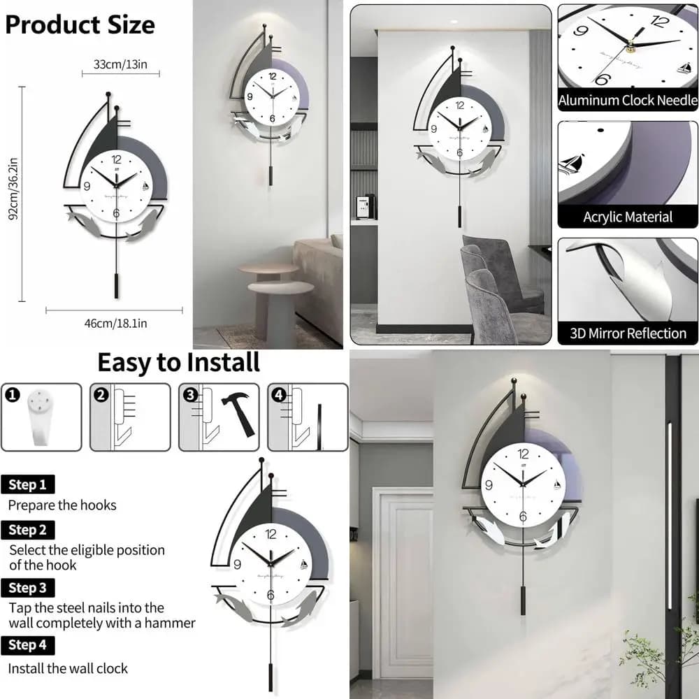 Orologio da Parete Silenzioso ed Elegante con Pendolo - Moderno, a Batteria, Grande per Arredamento Casa (Bianco e Nero, 36.2x18.1)