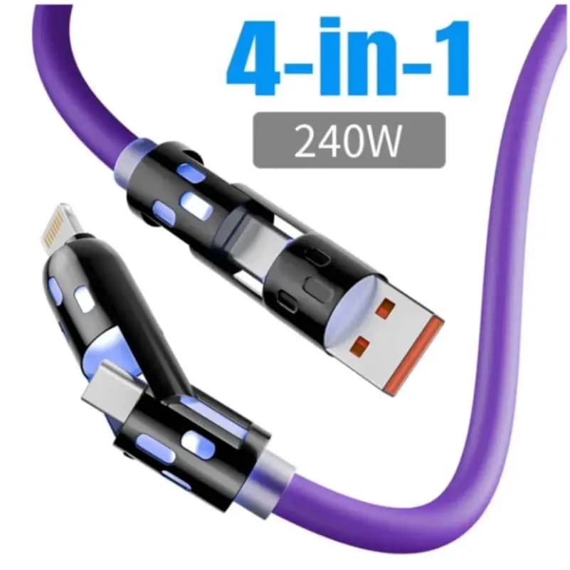 USB cable 4 in 1 from 240W [90cm/ 180cm/ 300cm] for Quick Charging, Compatible with iPhone, Samsung, Huawei, Xiaomi, Multiport Cable