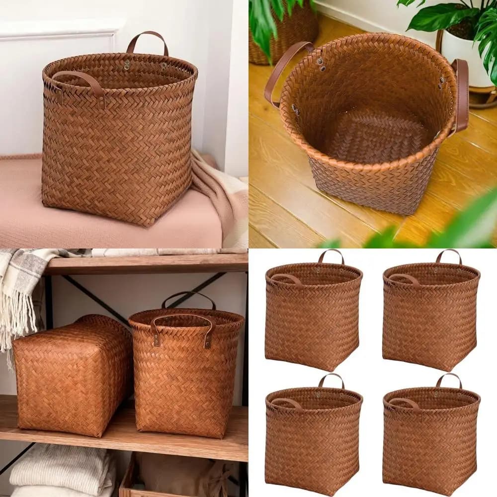 Cubi portaoggetti rotondi intrecciati, cestini in finto rattan 11x12 per ripiani, confezione da 4 organizer marroni per vestiti, giocattoli e lavanderia